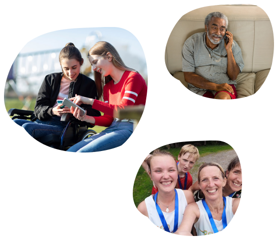 Three small badges contain separate photos. First photo: two young people smiling whilst on their phones. Second photo: an elderly man sits on the sofa whilst talking on the phone. Third photo: a group of Action for ME fundraisers, or different ages, with medals around their necks.