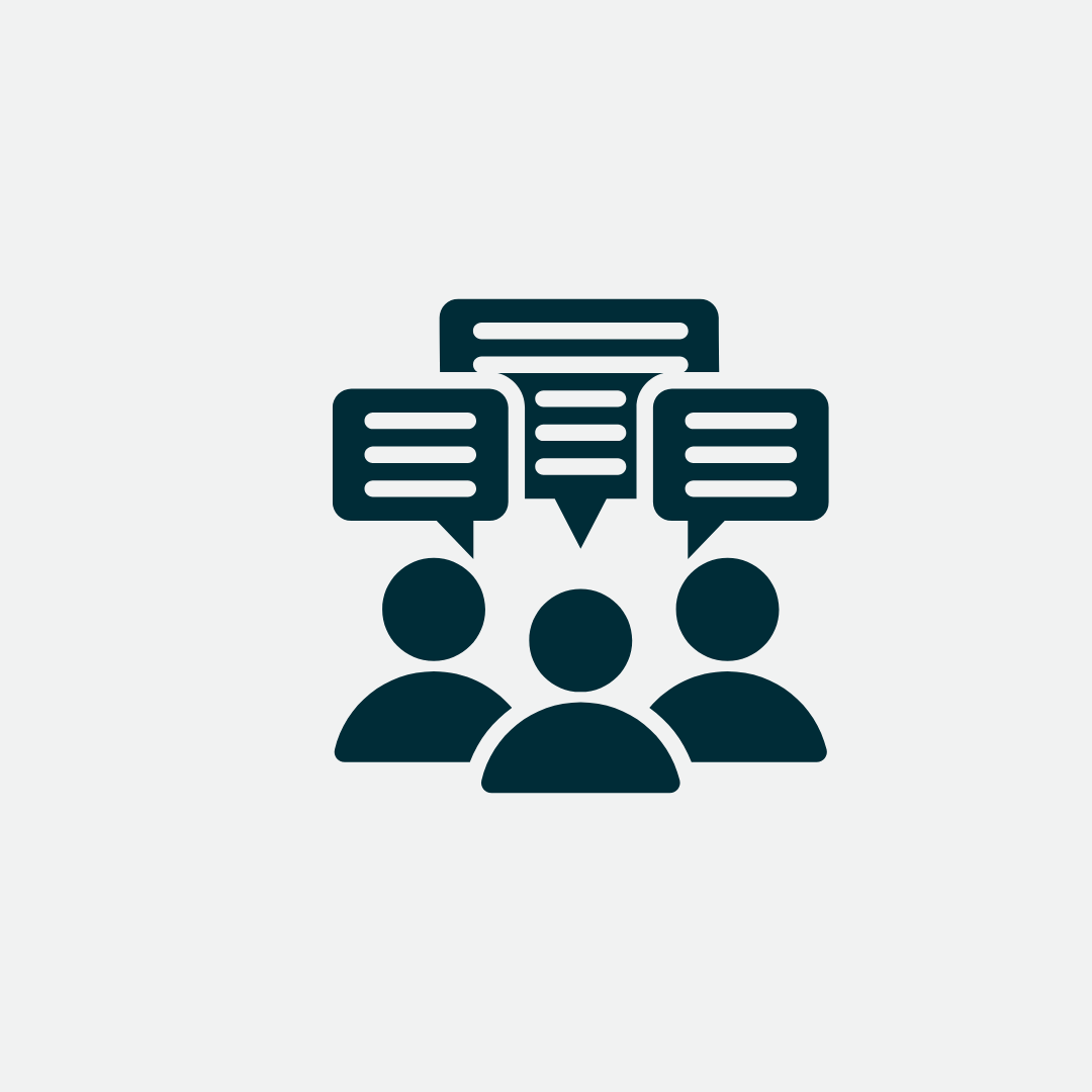 Small people icons with text boxes above their heads', representing communication.