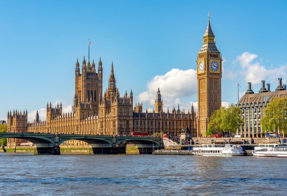 Big Ben and Westminster from across the river Thames.
