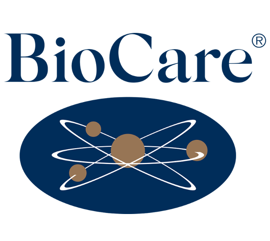BioCare logo featuring the brand name 'BioCare' in dark blue serif font above a stylized atomic model with gold spheres and white elliptical orbits on a dark blue oval background.