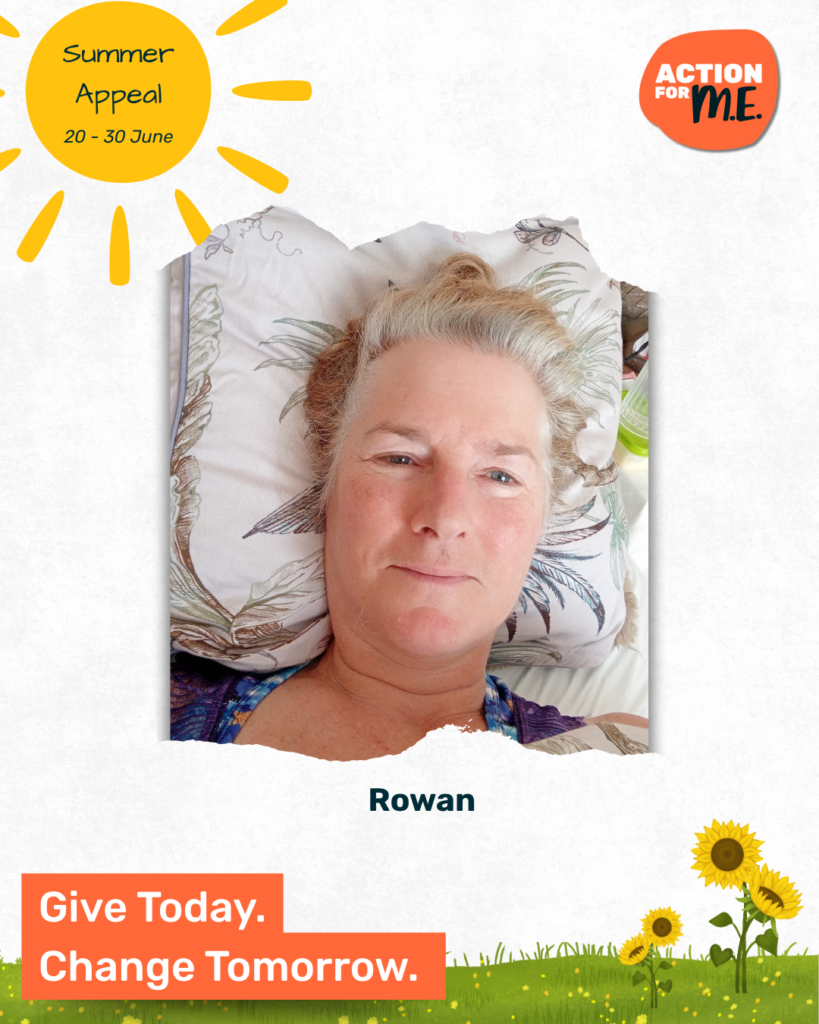 A woman named Rowan, surrounded by floral pillows. The image is part of Action for ME's Summer Appeal, running from 20–30 June. A bright sun graphic and the text "Give Today. Change Tomorrow." emphasise the campaign message.
