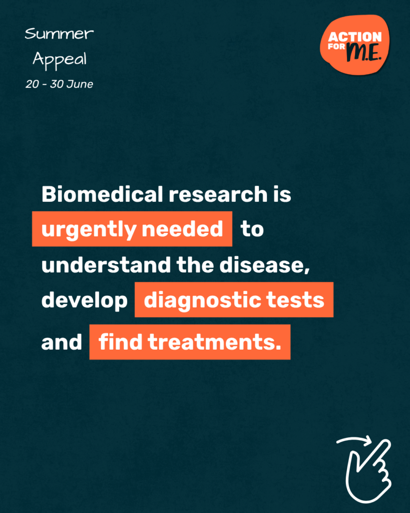 A dark blue graphic for Action for ME’s Summer Appeal (20–30 June) stresses the urgent need for biomedical research to understand ME, develop diagnostic tests, and find treatments. Key phrases like "urgently needed" and "find treatments" are highlighted in bold orange blocks.