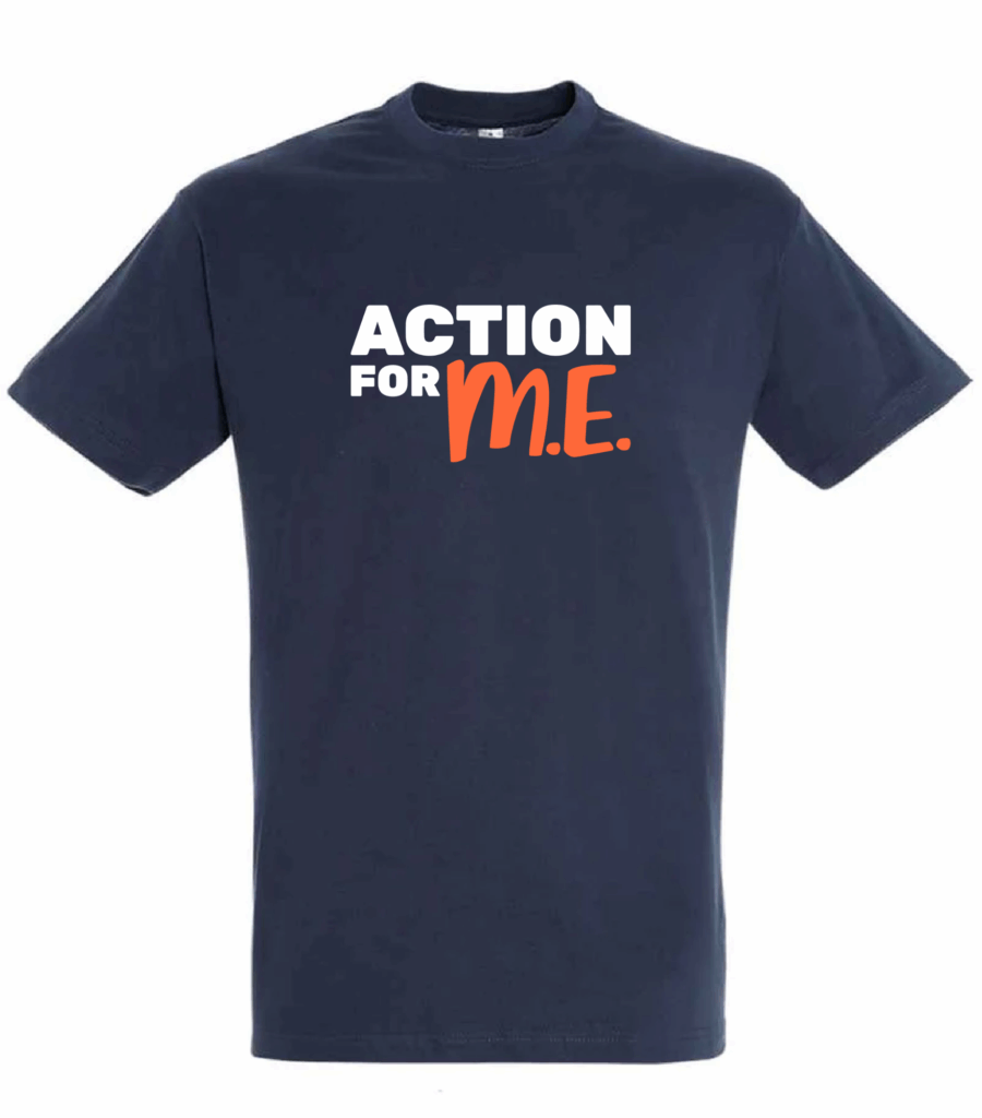 A navy blue T-shirt with the text 'ACTION FOR M.E.' printed on it. The words 'ACTION FOR' are in white, and 'M.E.' is in orange.