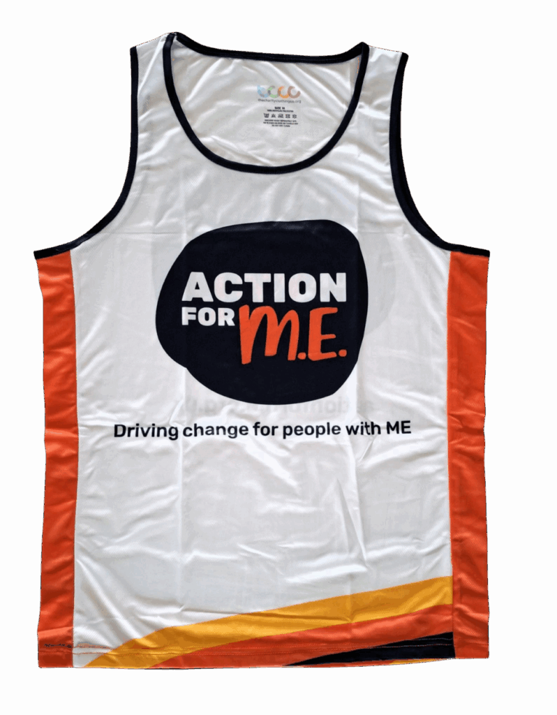 A sleeveless athletic shirt with 'ACTION FOR M.E.' in large letters on the front, and the slogan 'Driving change for people with ME' below it. The shirt is primarily white with black trim around the neck and armholes, orange side panels, and a yellow and orange design at the bottom.