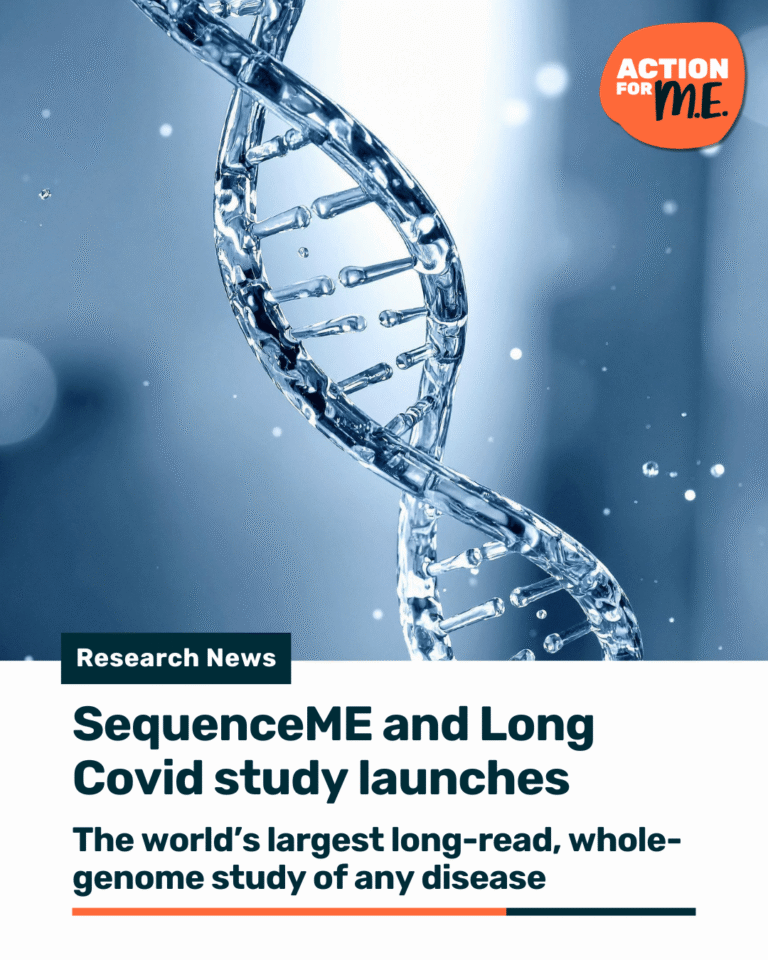 Image of a DNA double helix against a soft blue background with light particles. The Action for ME logo appears in the top right corner. Text on the image reads: “Research News – SequenceME and Long Covid study launches. The world’s largest long-read, whole-genome study of any disease.”