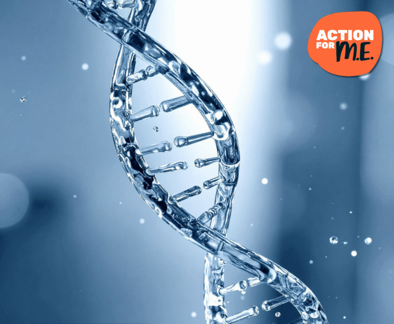 Image of a DNA double helix against a soft blue background with light particles. The Action for ME logo appears in the top right corner. Text on the image reads: “Research News – SequenceME and Long Covid study launches. The world’s largest long-read, whole-genome study of any disease.”