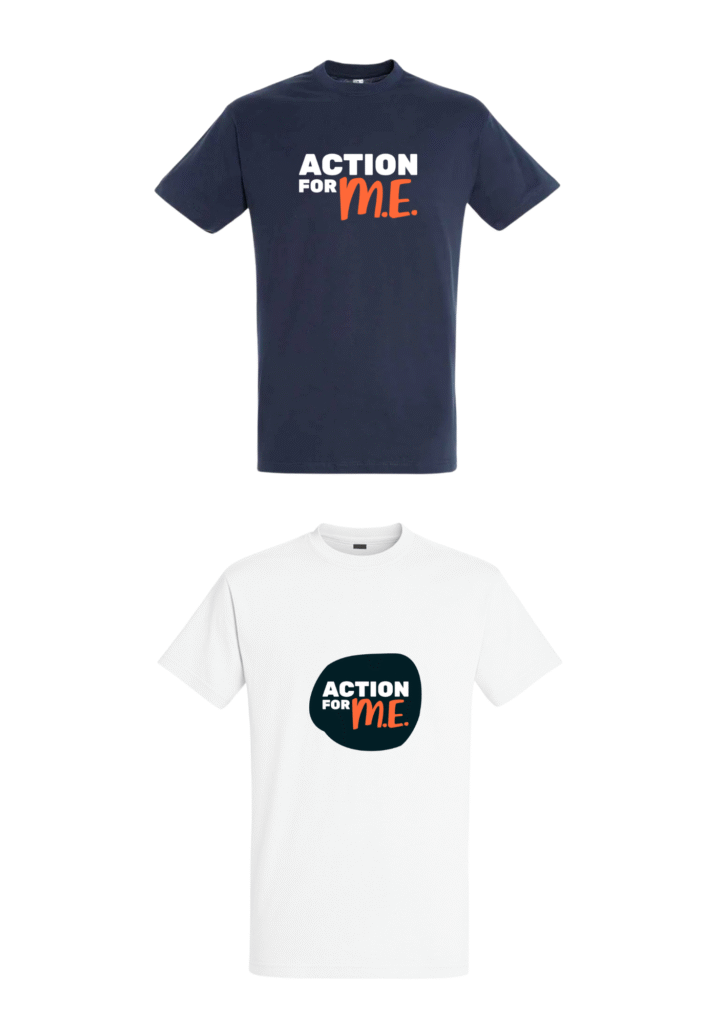 Two T-shirts displaying the ‘Action for ME’ logo: one navy blue with the logo in white and orange, and one white with the logo inside a dark shape.