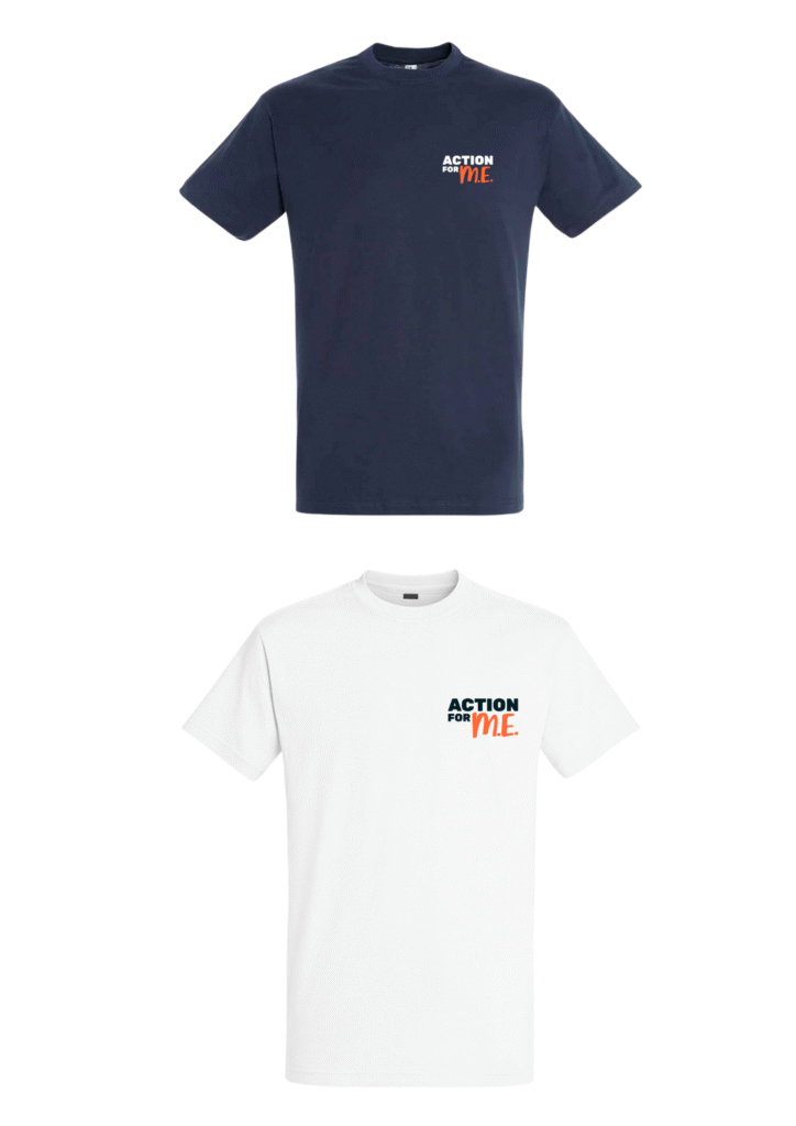 Two T-shirts with a small ‘Action for ME’ logo on the left chest: one navy blue, one white.