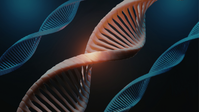 “Close-up illustration of intertwined DNA strands against a dark background.”