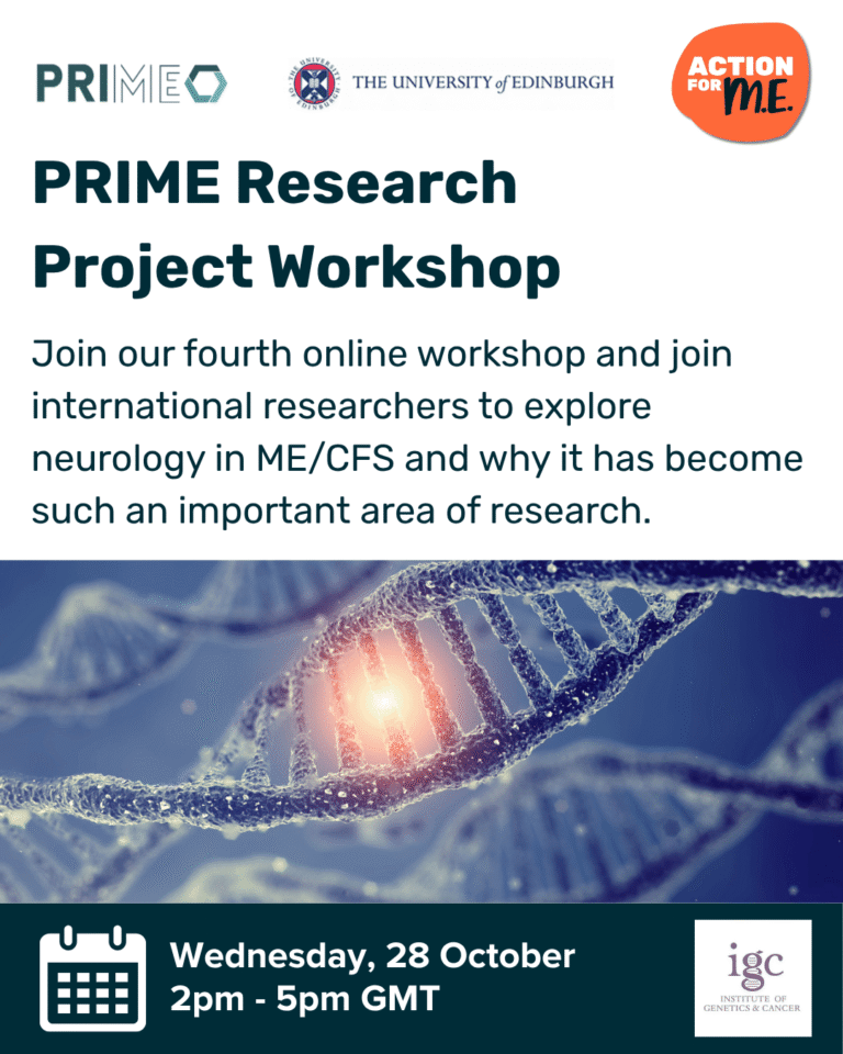 Graphic from Action for ME promoting the 4th webinar in the PRIME project webinar series about neurology in ME/CFS. Text in top details the webinar with photo of DNA in the bottom half. Text along bottom details the date of Wednesday 28 October and time of 2-5pm GMT.